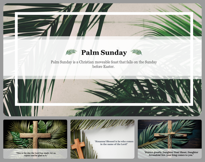 Slide deck showcasing green palm leaves, wooden crosses, and white text areas for religious and cultural presentations.