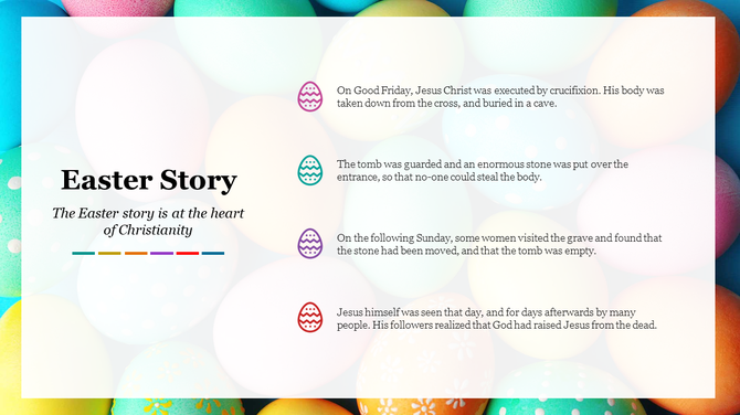 Easter themed slide with multicolored egg patterns in the background and a text layout on a white overlay.