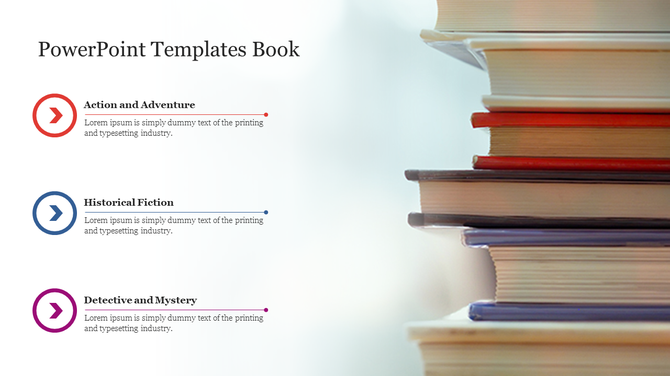 Book-themed slide with three text categories from action and adventure to detective and mystery, alongside a stack of books.