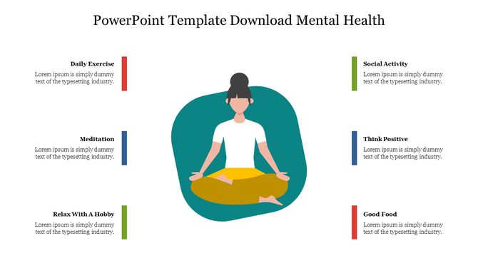 Illustration of a person meditating surrounded by six wellness tips, each with color coded vertical line.