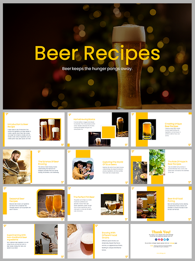 Beer Recipe PowerPoint template with multiple slides showcasing beer brewing tips and recipes.