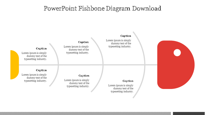 Fishbone diagram PowerPoint template with colorful sections and captions for cause and effect analysis.