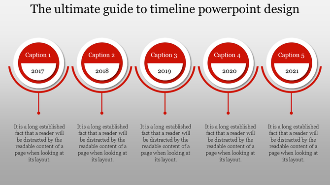 Timeline design featuring five evenly spaced circular markers in red and white, labeled by year from 2017 to 2021.