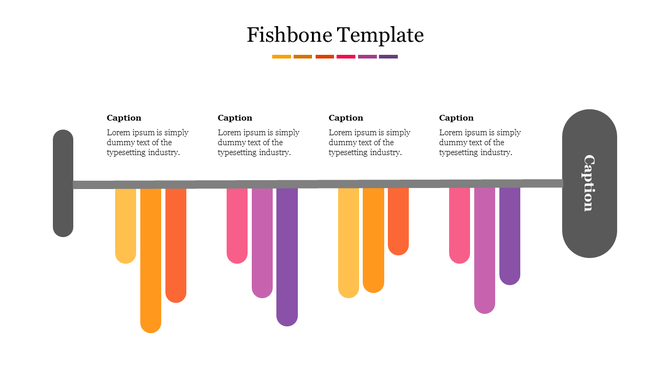 Colorful Fishbone diagram template with four categories and placeholders for captions under each section.