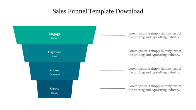 Colorful sales funnel diagram with four stages Engage, Capture, Close, Grow, for lead management with placeholder text.