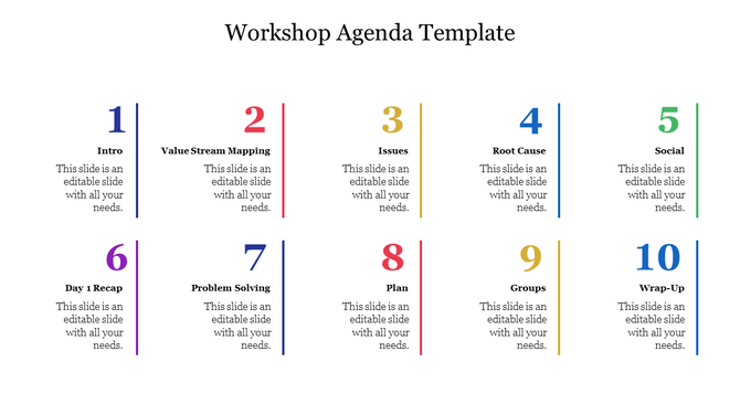Slide displaying a ten-item workshop agenda topics like Intro, Value Stream Mapping, each with colorful numbered text area.