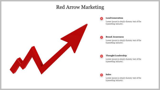 Red Arrow Marketing PPT slide featuring a bold red upward arrow with four categories and placeholder text on a white theme.