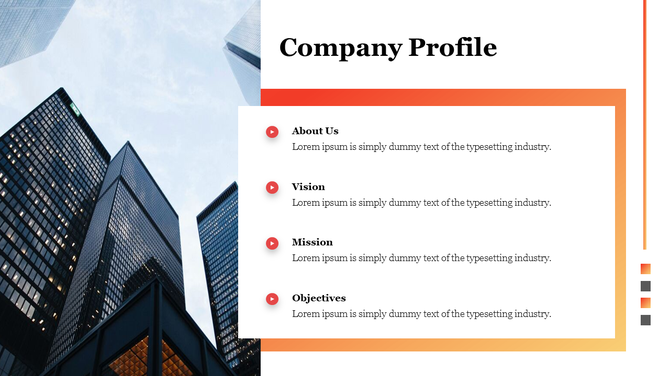 Company profile slide featuring a city skyline background and sections for about us, vision, mission, and objectives.