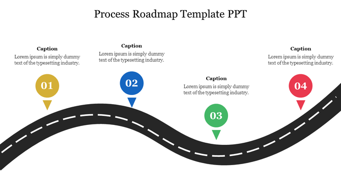 Roadmap template with a winding road and four distinct stages marked by colorful numbered pins each with a caption.