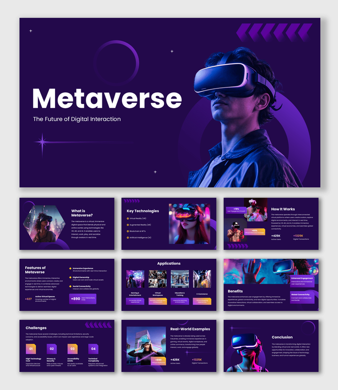Metaverse Presentation Slides showing dark purple design, VR images, icons, shapes and content layout slides.