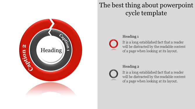 Cycle template for PowerPoint showing two sections in red and black with captions and a central heading.