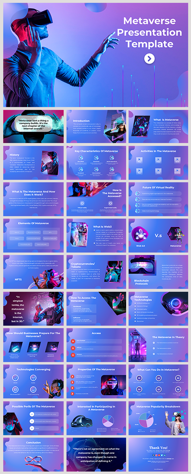 Metaverse template featuring various slides on concepts like NFTs, blockchain, and virtual reality interactions.