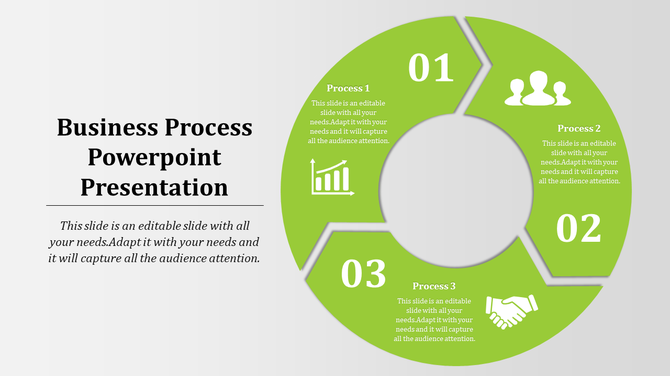 Business process slide featuring a segmented circular diagram labeled process 1, process 2, and process 3.
