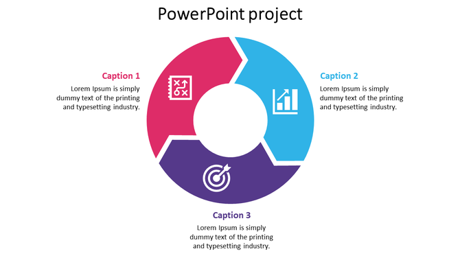 Three segment circular infographic with red, blue, and purple sections, each containing icons and captions.