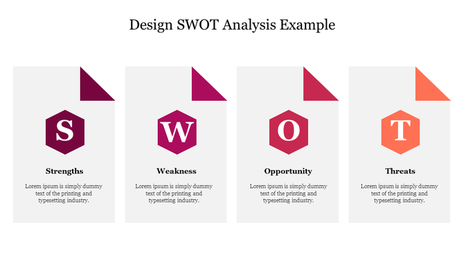 Infographic style SWOT slide with hexagonal icons and curled paper corners representing each element of the analysis.