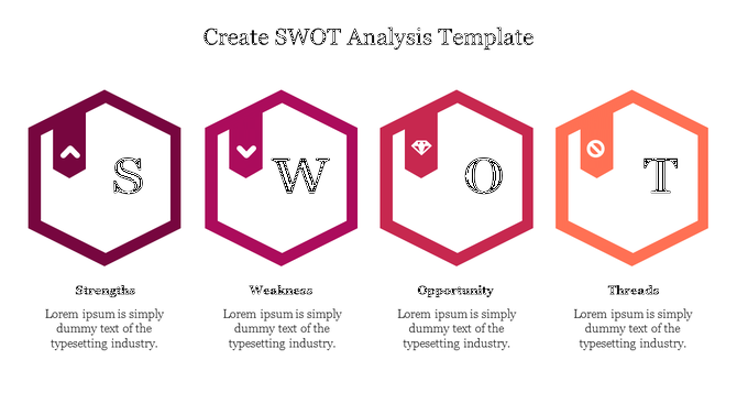 SWOT analysis slide using flat graphics and icons to visually separate Strengths, Weaknesses, Opportunities, and Threats.
