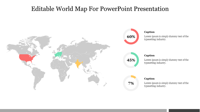 World Map PowerPoint slide with highlighted countries and percentages with caption text.