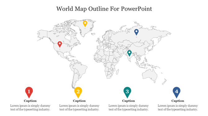 World map outline with four colored location markers, each paired with a caption at the bottom of the slide.