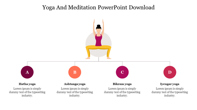 Woman performing yoga in a seated position with four colorful circular icons in red tones, labeled A to D with text below.