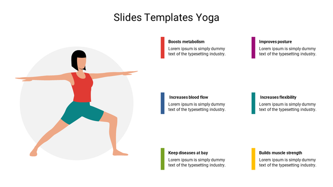 Yoga illustration with six bullet points explaining the benefits of yoga, including from flexibility to posture improvement.