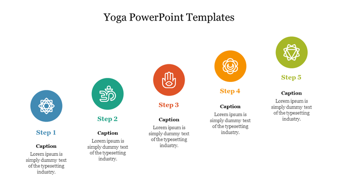 Step-by-step yoga template featuring blue, green, orange, yellow, and lime green circular icons with captions areas.