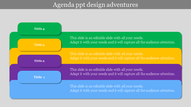 Agenda slide with four stacked rectangular banners in green, yellow, purple, and blue, each containing a title and text.