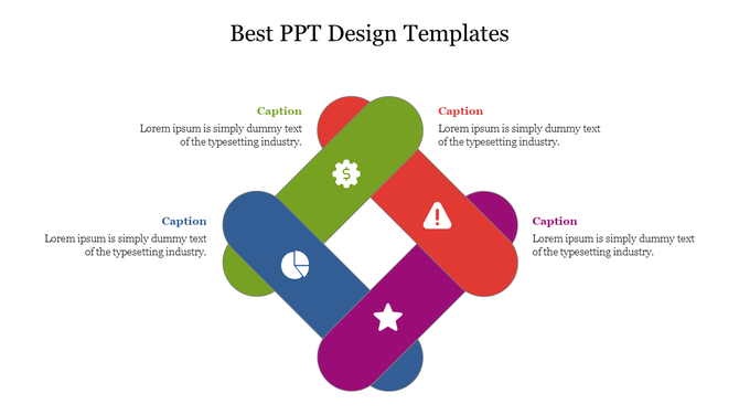 Best design template showing a cross-linked infographic with gear, warning, chart, and star icons with caption areas around.