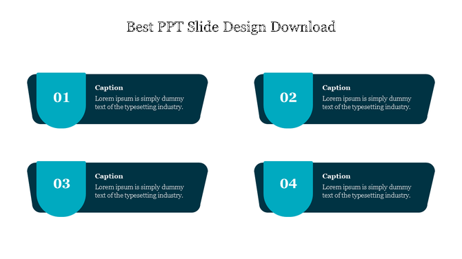 Best PPT design slide featuring a four part content layout with blue accents with captions on a white backdrop. 