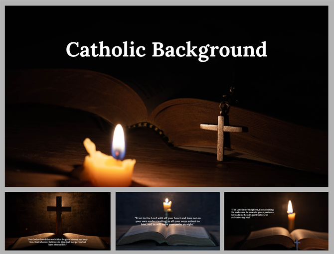 Catholic themed slide deck with an open Bible, candle, and cross with religious quotes on dark backgrounds.