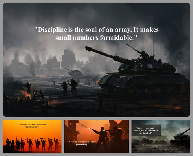 Slides with dark and orange toned military visuals highlighting tanks, ruins, and soldiers, with an overlay of quotes.