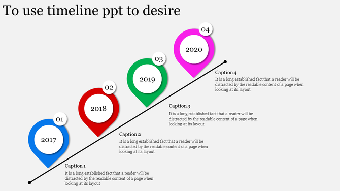 Timeline slide with a diagonal line and four colorful location markers in blue, red, green, and pink, labeled 2017 to 2020.