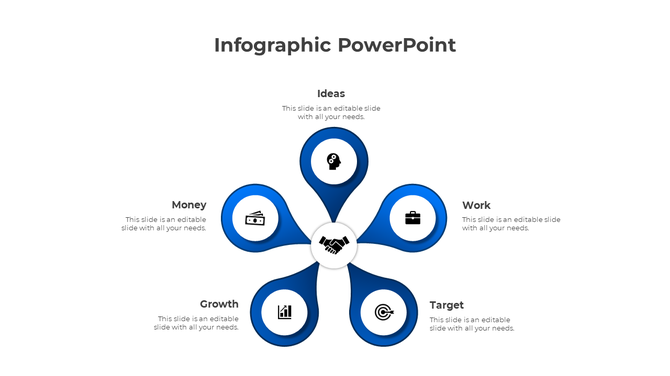 Circular handshake symbol at the center connected to five blue petal like shapes, each containing a black icon.