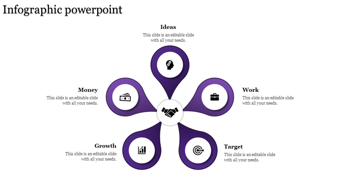 Business infographic with handshake icon and five purple petal nodes for ideas, money, work, growth, and target.