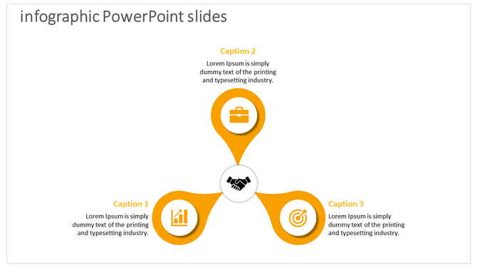 Triangular infographic slide with a central handshake icon and three connected yellow sections and labeled captions.