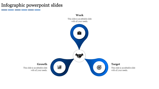 Infographic with three blue petal shapes radiating from a central handshake icon, forming a triangular layout.
