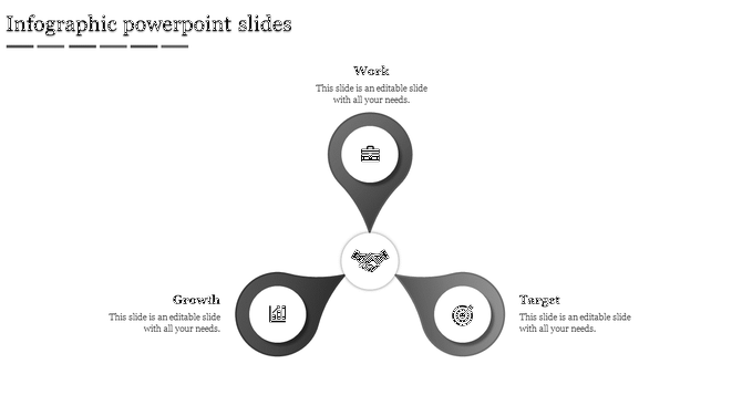 Infographic slide with three gray petal shaped nodes around a handshake icon, labeled as work, growth, and target.