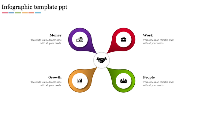 Business infographic with handshake icon and four colorful petal nodes for money, work, growth, and people.