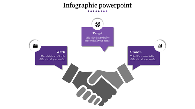Infographic slide with handshake graphic and purple speech bubbles for work, target, and growth placed in a white backdrop.