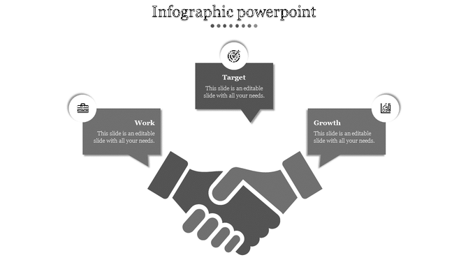 Gray handshake graphic in the center, linked to three text boxes above, each with icons.