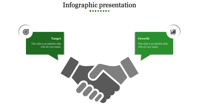 Infographic slide showing a handshake graphic with two speech bubbles connected to icons for Target and Growth.