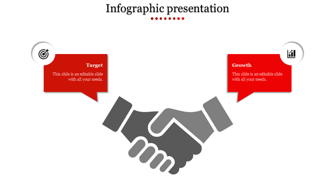 Infographic slide featuring a handshake icon with red speech bubbles highlighting Target and Growth concepts and text area.
