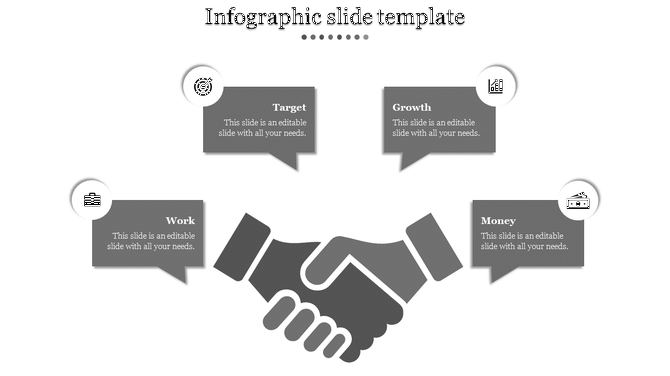 Infographic PPT slide featuring a handshake graphic in the center and four gray speech bubbles with icons.
