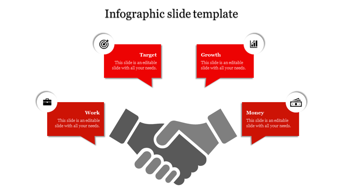 Infographic PPT slide featuring a handshake graphic in the center and four red speech bubbles with icons.
