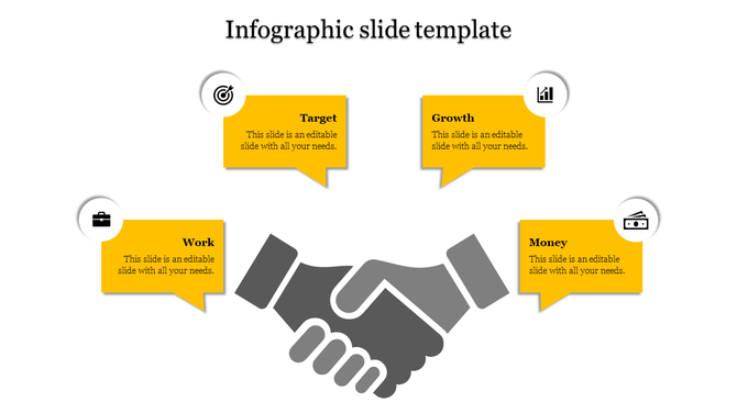 Gray handshake graphic centered, surrounded by four yellow speech bubbles with circular icons in white.