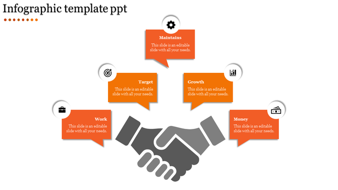 Infographic with a handshake graphic and five orange speech bubbles displaying business-related terms and icons.