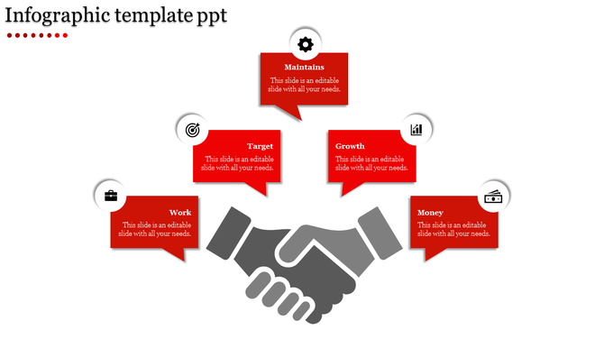 Infographic PPT slide with a central handshake graphic surrounded by five red speech bubbles with icons and placeholder text.