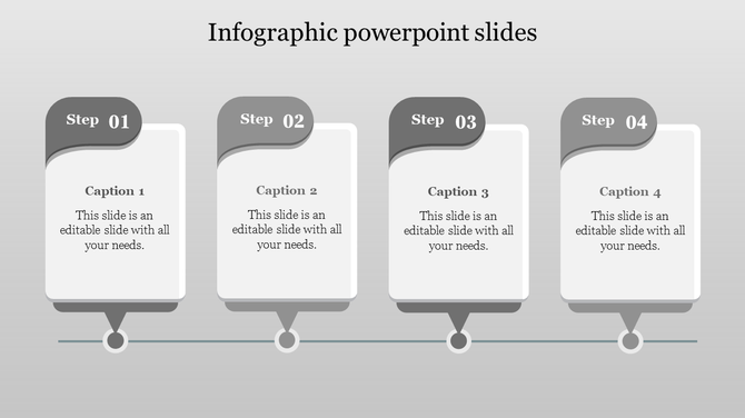 Gray infographic with four step cards arranged horizontally, each with captions and connected by a line and markers.