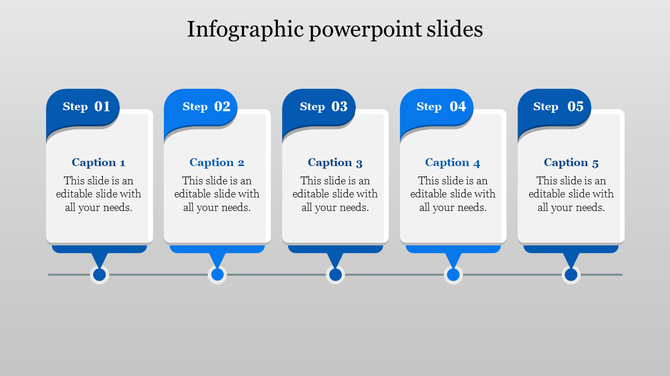 Slide featuring five steps in an infographic format, each with a blue header and placeholder text, labeled with five steps.