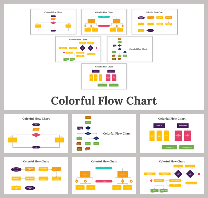 Slide deck featuring various colorful flow charts with shapes like diamonds, rectangles, and arrows, in vibrant colors.