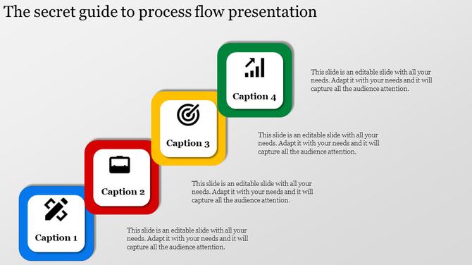 Process flow template with four steps represented by icons in blue, red, yellow, and green squares with placeholder text.